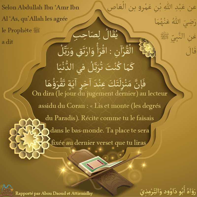 Hadith On dira (le jour du jugement dernier) au lecteur assidu du Coran : Lis et monte