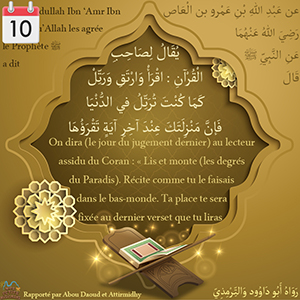 Hadith On dira (le jour du jugement dernier) au lecteur assidu du Coran : Lis et monte 